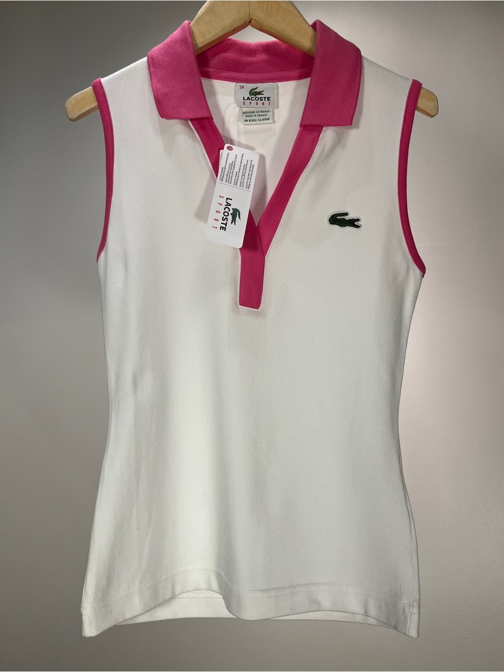 NWT Lacoste Sport White Pink Sleeveless Stretch Polo Size 2